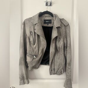 BNCI Womens Small Faux Suede Motorcycle Jacket Gray Zip Up Long Sleeve